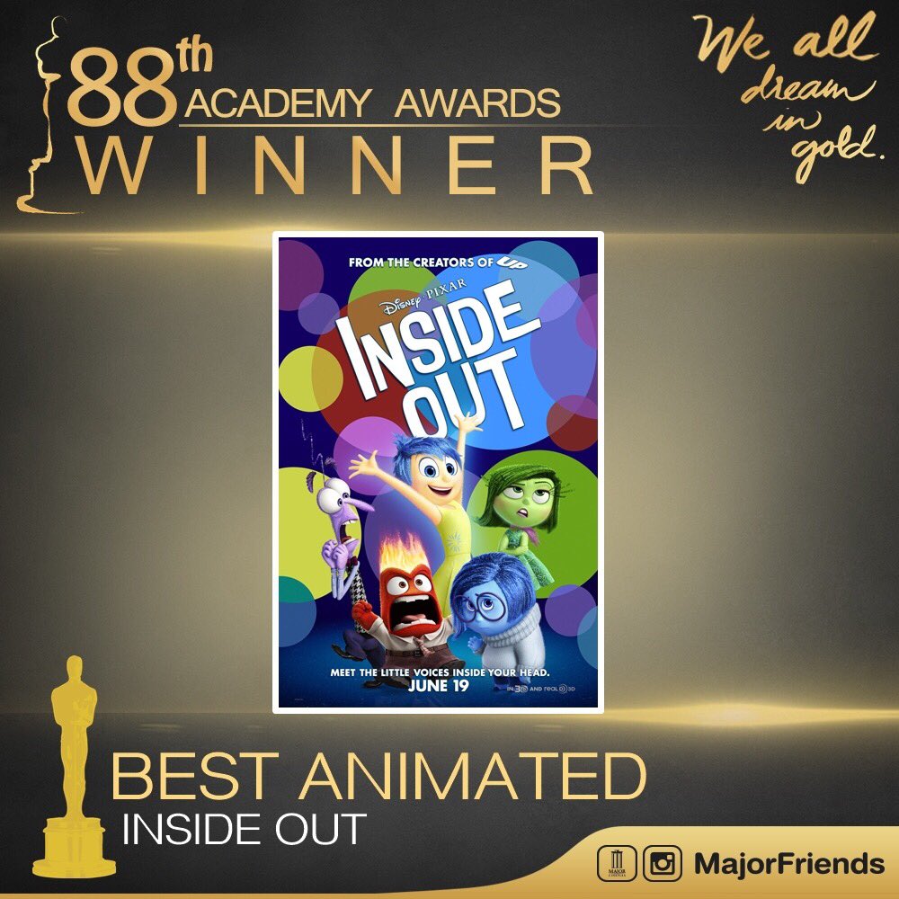 MajorGroup's tweet photo. รางวัลแอนิเมชั่นยอดเยี่ยมได้แก่ Inside Out "มหัศจรรย์อารมณ์อลเวง" #Oscars  #Oscars2016MJ #movietwit https://t.co/tnfA6Abi4D