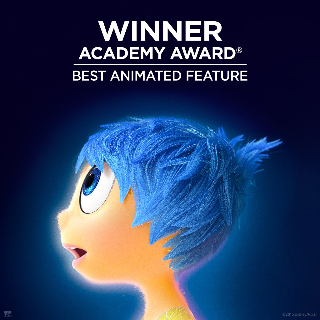 Pixar's tweet photo. Come on, group hug! Inside Out just won Best Animated Feature! Congrats to the whole team. #Oscars https://t.co/jfPqsHrXt4
