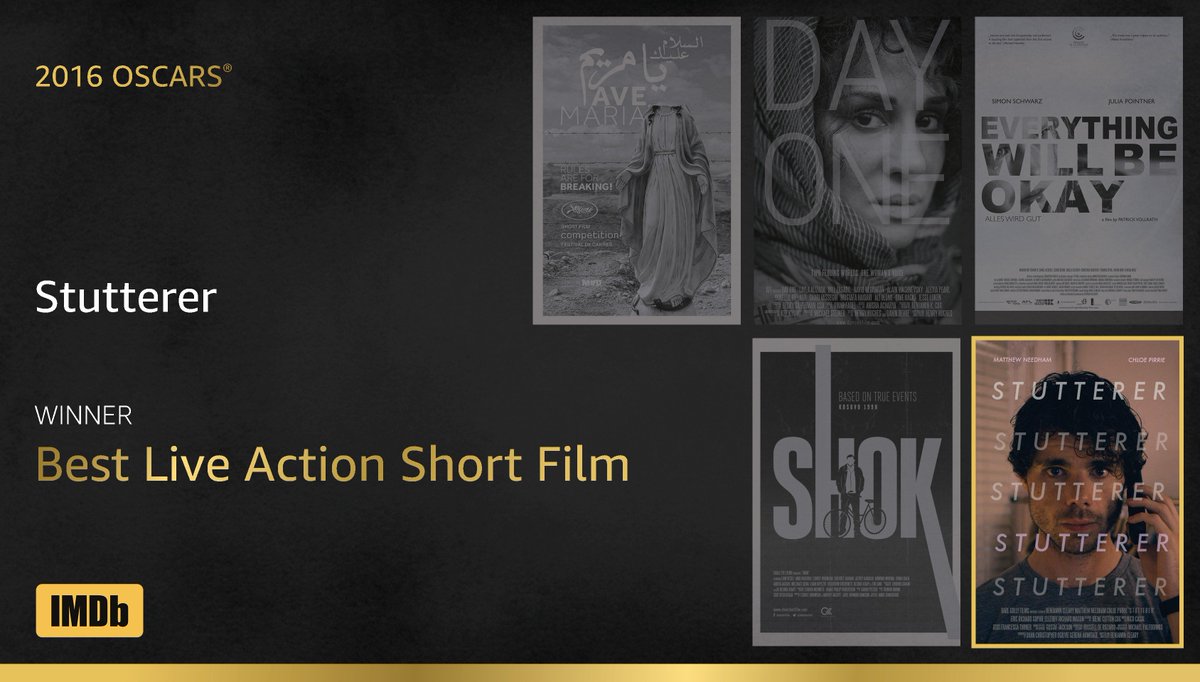 IMDb's tweet image. Best Live Action Short Film goes to... #Stutterer imdb.to/1QFFiMG #IMDbOscars #Oscars