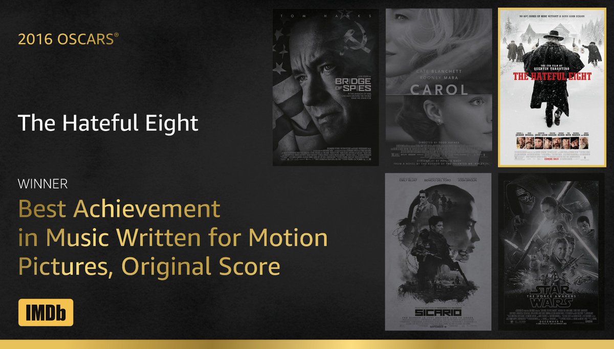 Best Original Score goes to...Ennio Morricone, #TheHatefulEight
imdb.to/1QFFiMG #IMDbOscars #Oscars