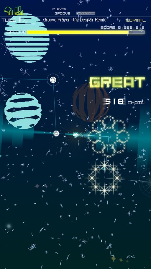 groove_coaster's tweet image. [Groove Prayer-tpz Despair Remix-]は原曲のグルーヴの宇宙を飛び回るイメージを再現しつつも、砕け散る惑星や本体を失ったヘッドフォンで「絶望感」を表現しています。 #グルコス演出ネタ #グルコス