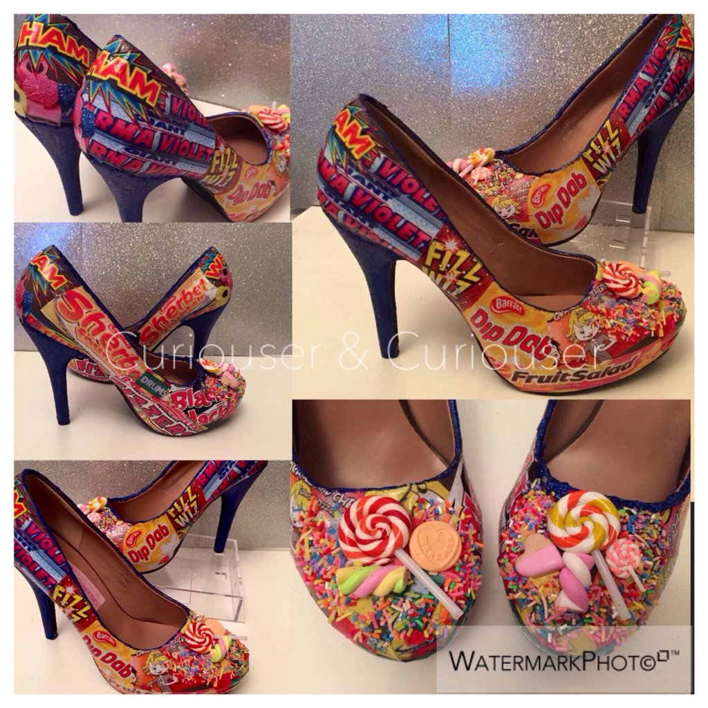 curiousershoes's tweet image. Sugar free sweet inspired heels - for those that love @RetroSweets - #heels #custommade