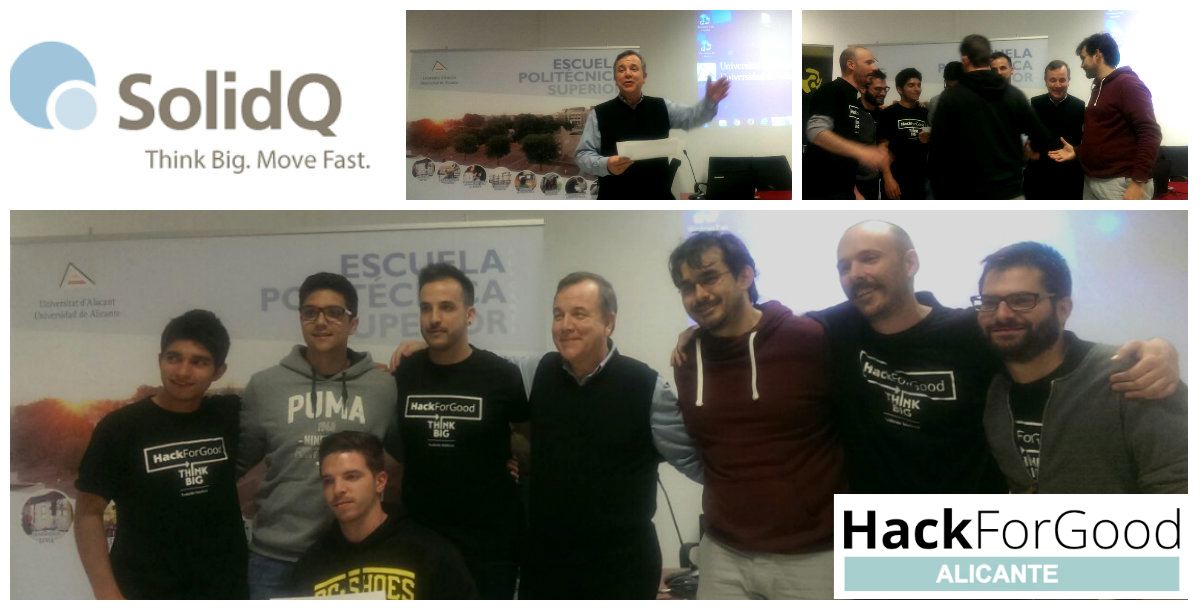 CatedraTEF_UA's tweet photo. Bitácora #H4G_ALC > Premios @solidqes  #HackForGood Alicante: @thequeuers y @hackforlife2016. Entrega: @FernanSQL https://t.co/ny0vrv3Z3H