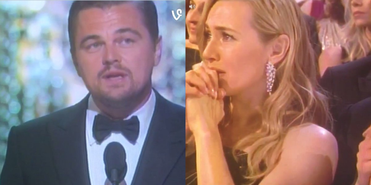 ELLEmagazine's tweet photo. Kate Winslet had the PERFECT reaction to Leo finally winning the #oscars: https://t.co/FwUM5HDbHO https://t.co/Aej2oqFhEA