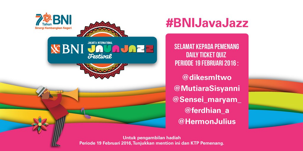 BNI's tweet photo. @ferdhian_a @HermonJulius #BNIJavaJazz. Selamat kpd pmenang #BNIJavaJazz 19/2/16. Info: https://t.co/FGwbwAARtA https://t.co/ZmCb3f8pwX