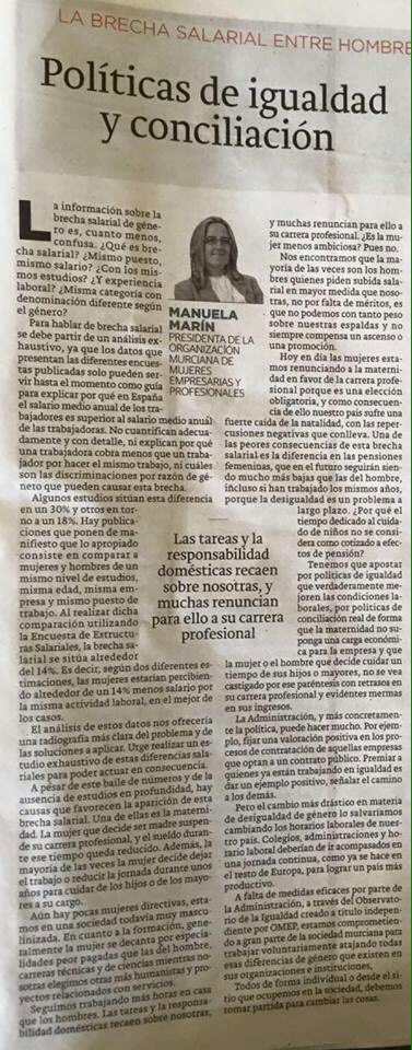 OmepMurcia's tweet photo. Aquí os dejamos el artículo sobre la brecha salarial escrito por  nuestra presidenta Manoli Marín.
#Omep https://t.co/99ojQ3MFuI