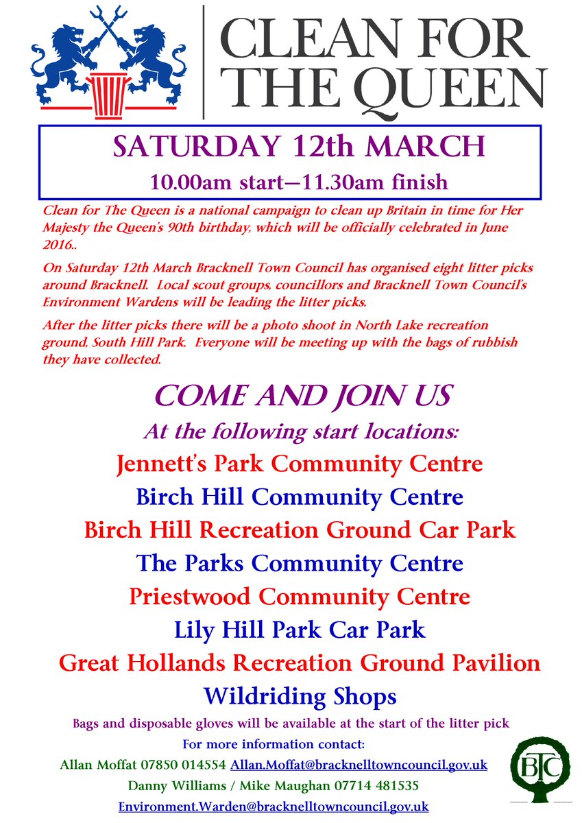 Can you help on a #Bracknell #CleanforTheQueen #litter pick on 12 Mar?
on.fb.me/1UtKIAh <a href="/Cleanforqueen/">Clean for The Queen</a>