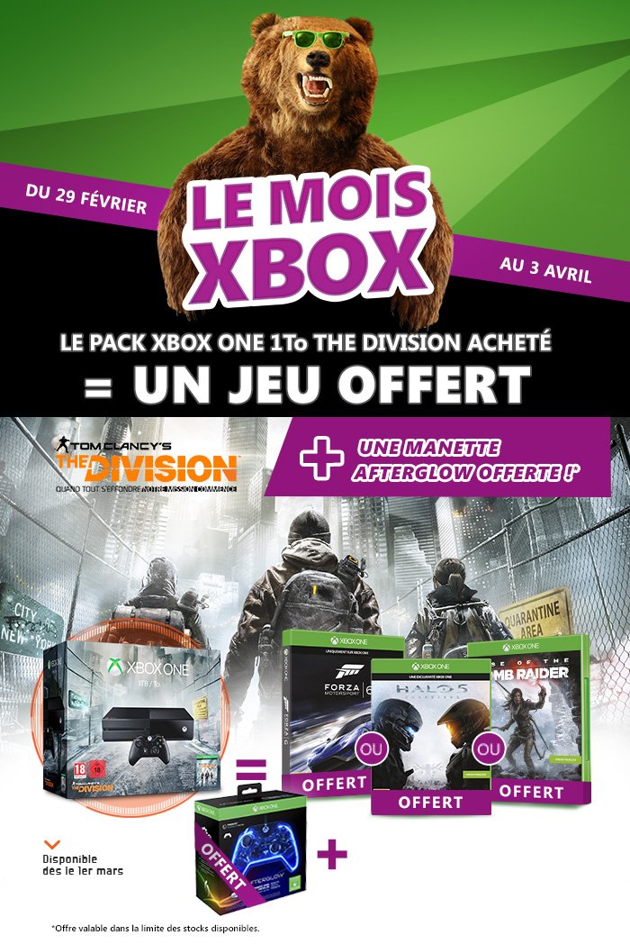 JeuxVideoAndCo's tweet photo. Le pack Xbox One 1 To The Division acheté = 1 jeu + 1 manette Afterglow OFFERTS. RDV en magasin !
#moisXbox @XboxFR https://t.co/xU8F7jmzX7