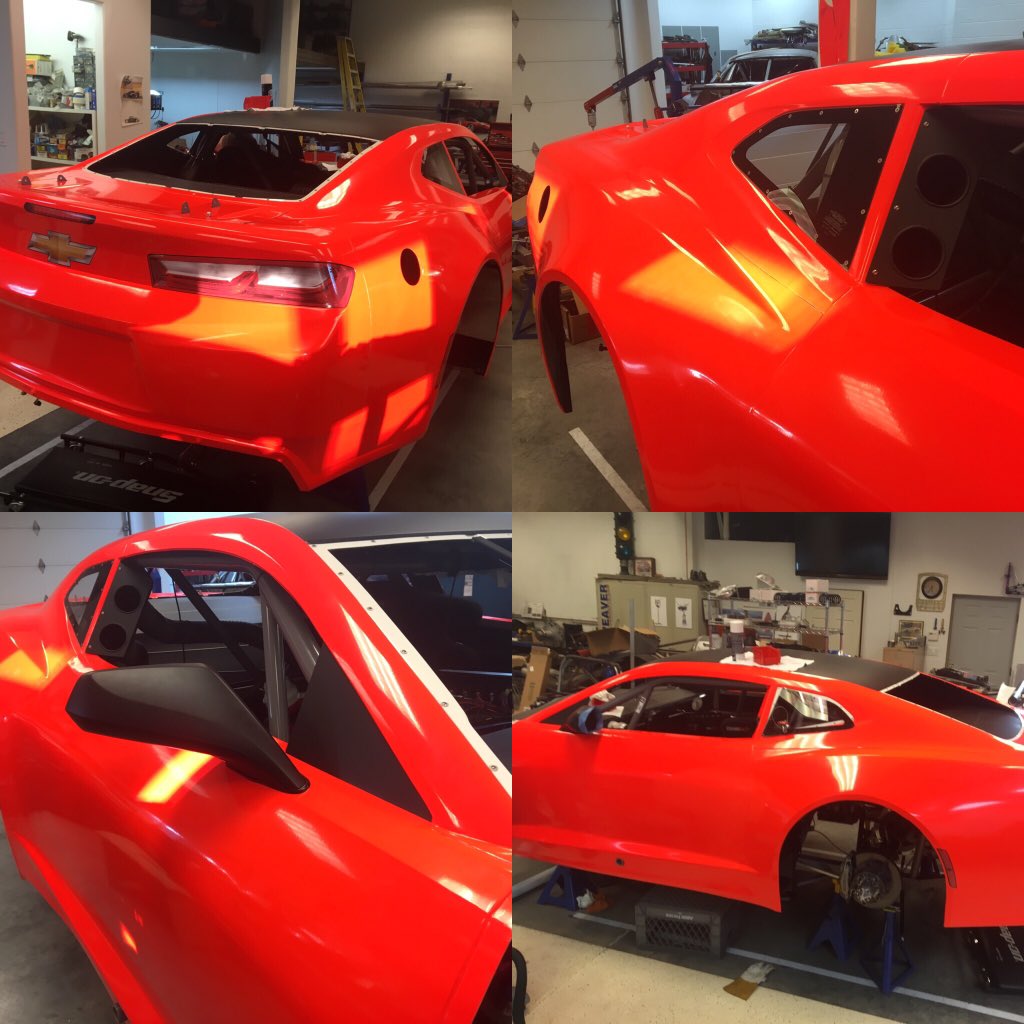 DriveSPM's tweet image. The Steve Petty Motorsports #4 Chevy Camaro driven by Wally Dallenbach jr, being wrapped today!