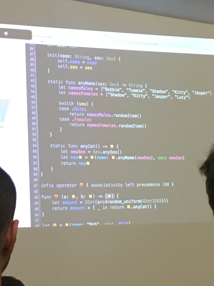 behrtam's tweet photo. func ❤️ (a: 🐱, b: 🐱) -> [🐱]
Fun with operators and emojis @swiftberlin #swiftberlin https://t.co/dBPSB77NJt