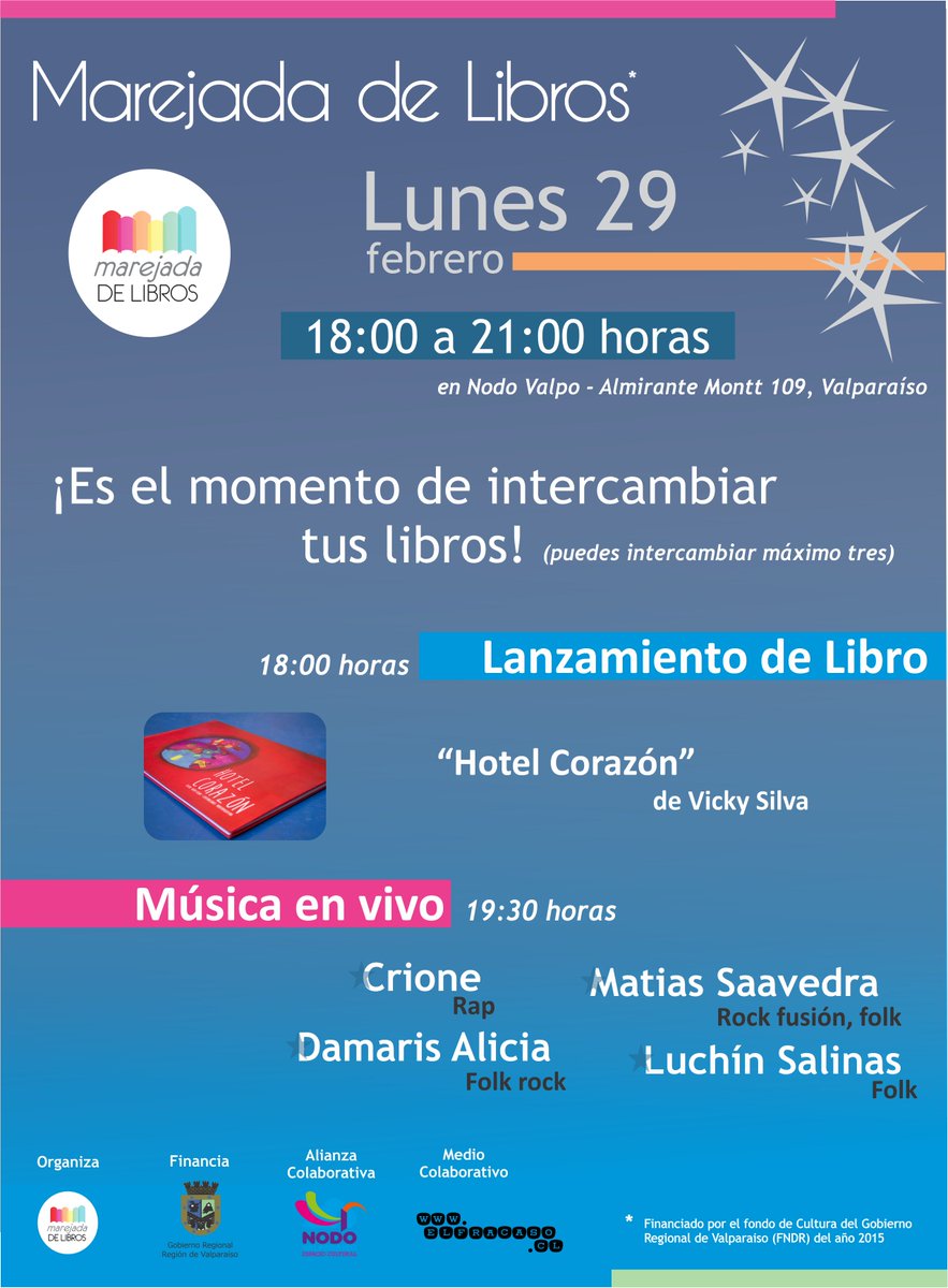 Hoy de 18 a 21h, en <a href="/NodoValpo/">Nodo Valparaíso</a> intercambio de libros, lanzamiento de libros y música. no te pierdas <a href="/Marejadalibros/">Marejada de Libros</a>