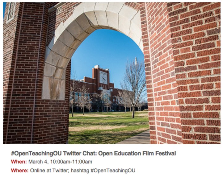 OnlineCrsLady's tweet image. #OpenTeachingOU #OpenOK chat on Provost&apos;s Events Calendar! FRIDAY, March 4, 10AM Film Fest: openteachingou.blogspot.com