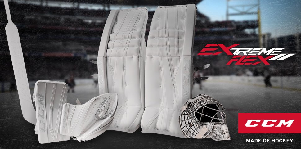 CCMGoalie's tweet photo. Here's the setup Carey Price is skating in today. Was intended to debut at the #WinterClassic. #EFlex2 #WhiteOut https://t.co/UsRNIXjabM