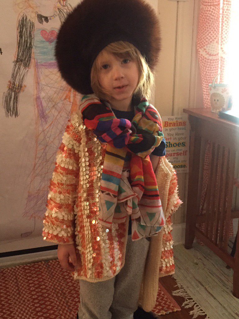 JNRutherford's tweet photo. The #anthroscarf is strong with this one. #glamprof #anthrokid #sparklesweater https://t.co/LbhNp9MHyZ