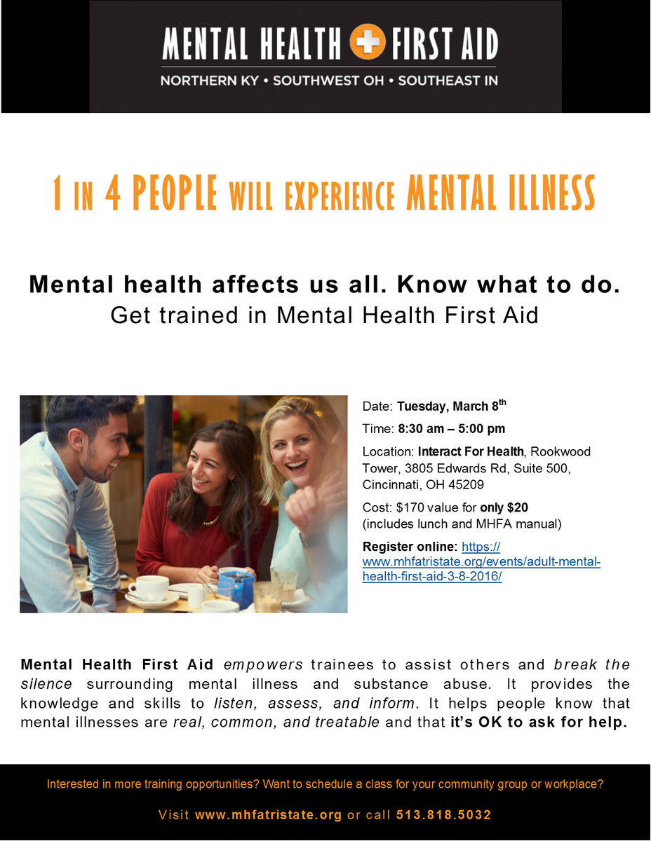 TristateMHFA's tweet photo. Spots are still open for 3/8 #MHFA class! $20, 8:30-5:00, @Interact4Health. Sign up today! https://t.co/c5RMqnPRQQ https://t.co/pVRkePHxTt