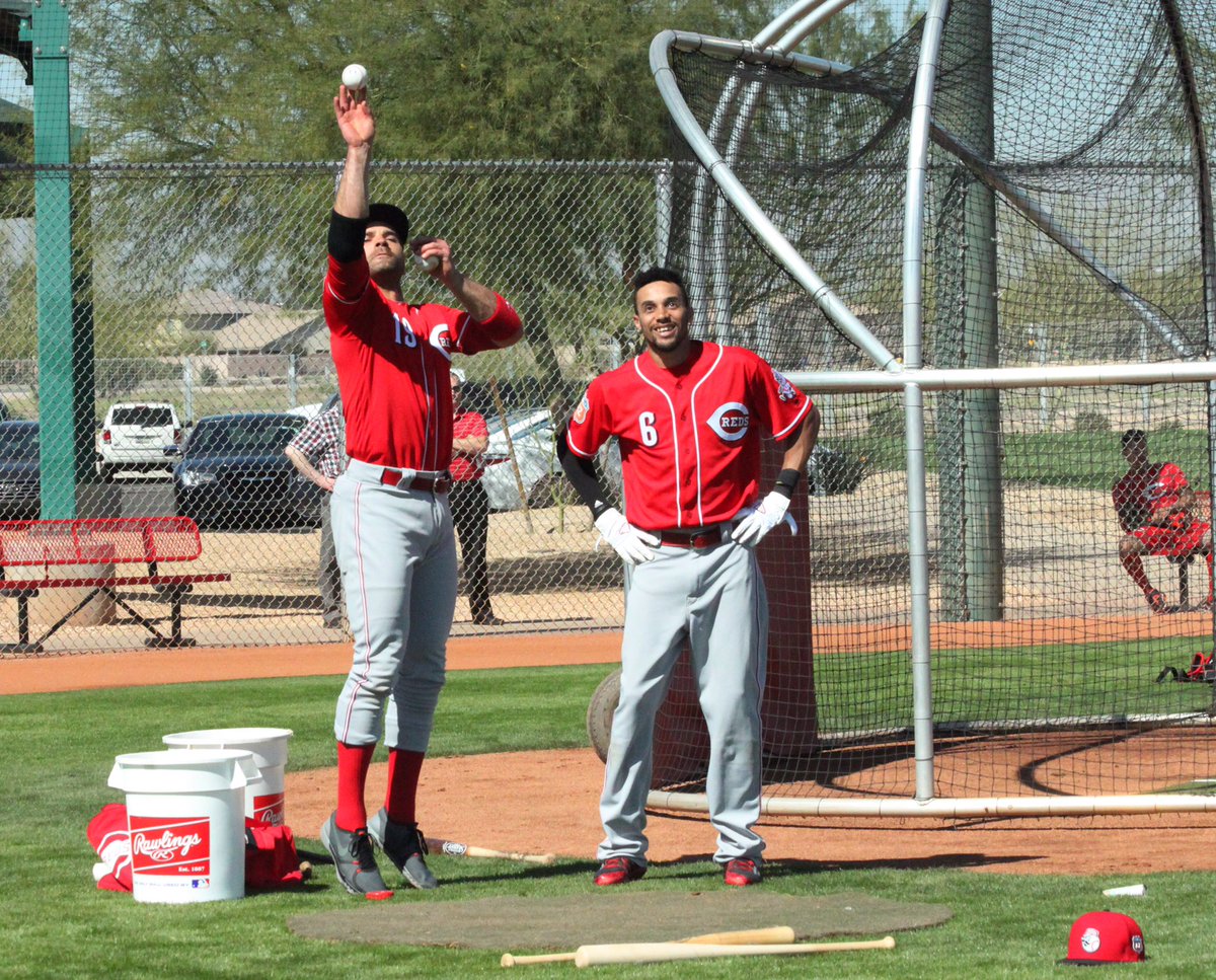 Reds's tweet photo. Joey and Billy taking “free throws” into a bucket about 30 feet away… https://t.co/zoUfbznI2K