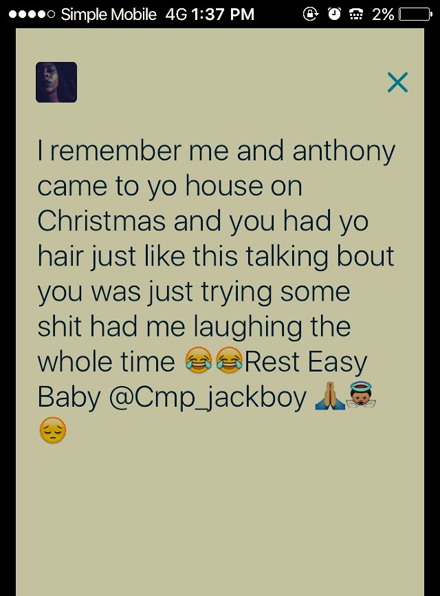 bossass_jas's tweet photo. Still caint believe you gone Rest Up Lil Bro @Cmp_jackboy 🙏🏽👼🏽🕊😢😔 https://t.co/tam73HIXRR