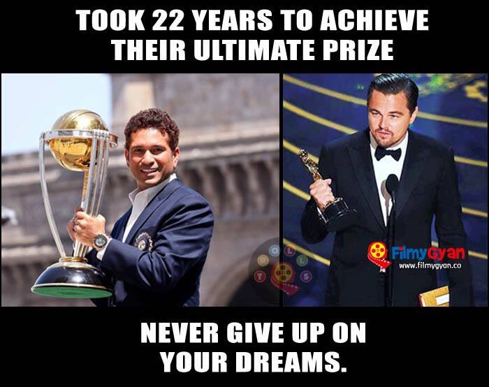 saidbymanishjha's tweet photo. @LeoDiCaprio @sachin_rt took 22 years to achieve their ultimate priZe, never give up on your dreams. #startuplife https://t.co/mV5Y4D76y8