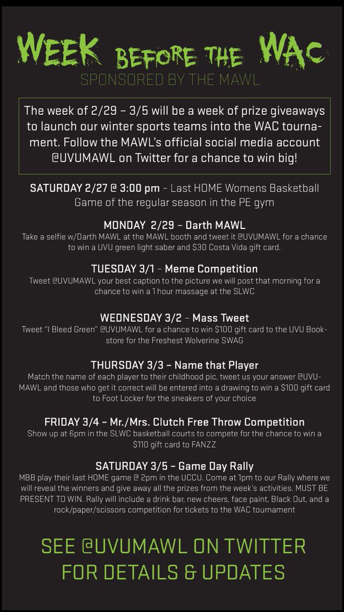 EventsUVU's tweet image. It is the Week before the WAC! Check out these activities being put on by the @UVUMAWL this week!
