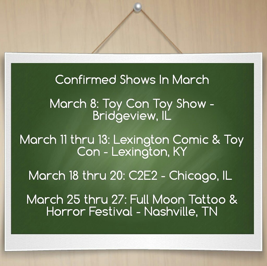 MiniworldEntmt's tweet photo. Confirmed shows 4 March. #conventions #comiccon #tattoocon #horrorcon #chicago #nasville #bridgeviewil #lexingtonky https://t.co/pmHGc6CR7Z