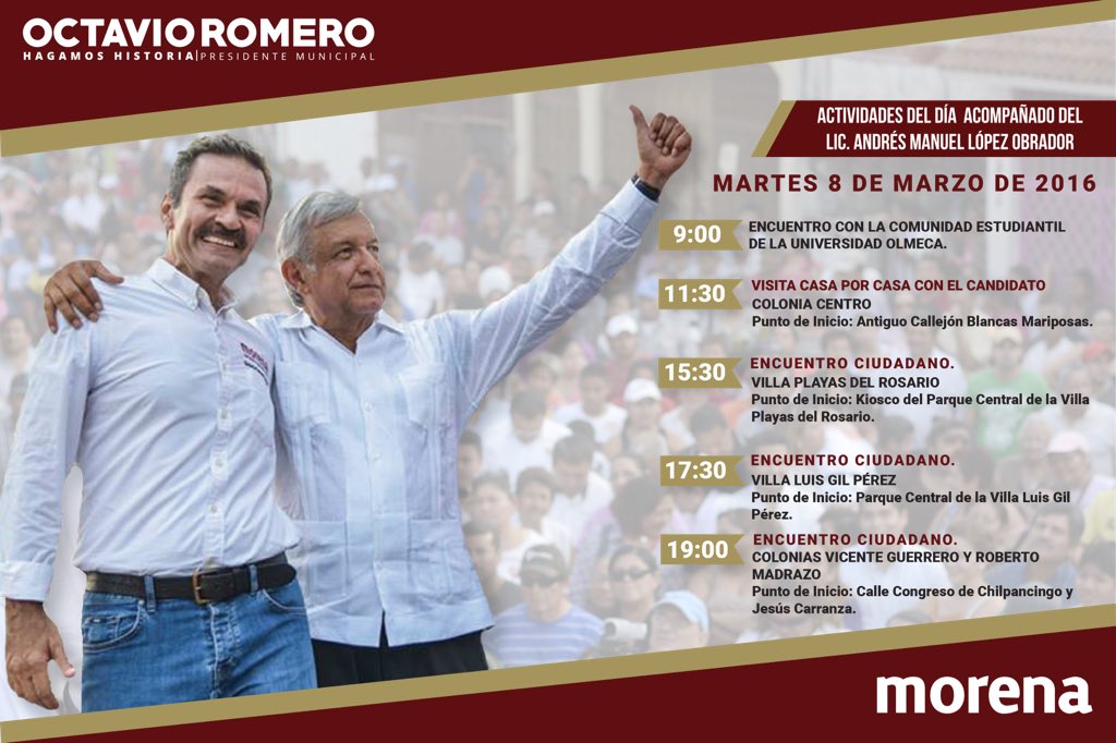 OctavioRomero_O's tweet photo. Mi agenda de martes, el licenciado @lopezobrador_ nos acompañará a partir de las 3:30 pm #HagamosHistoria #D13M https://t.co/Yer5gXPN40