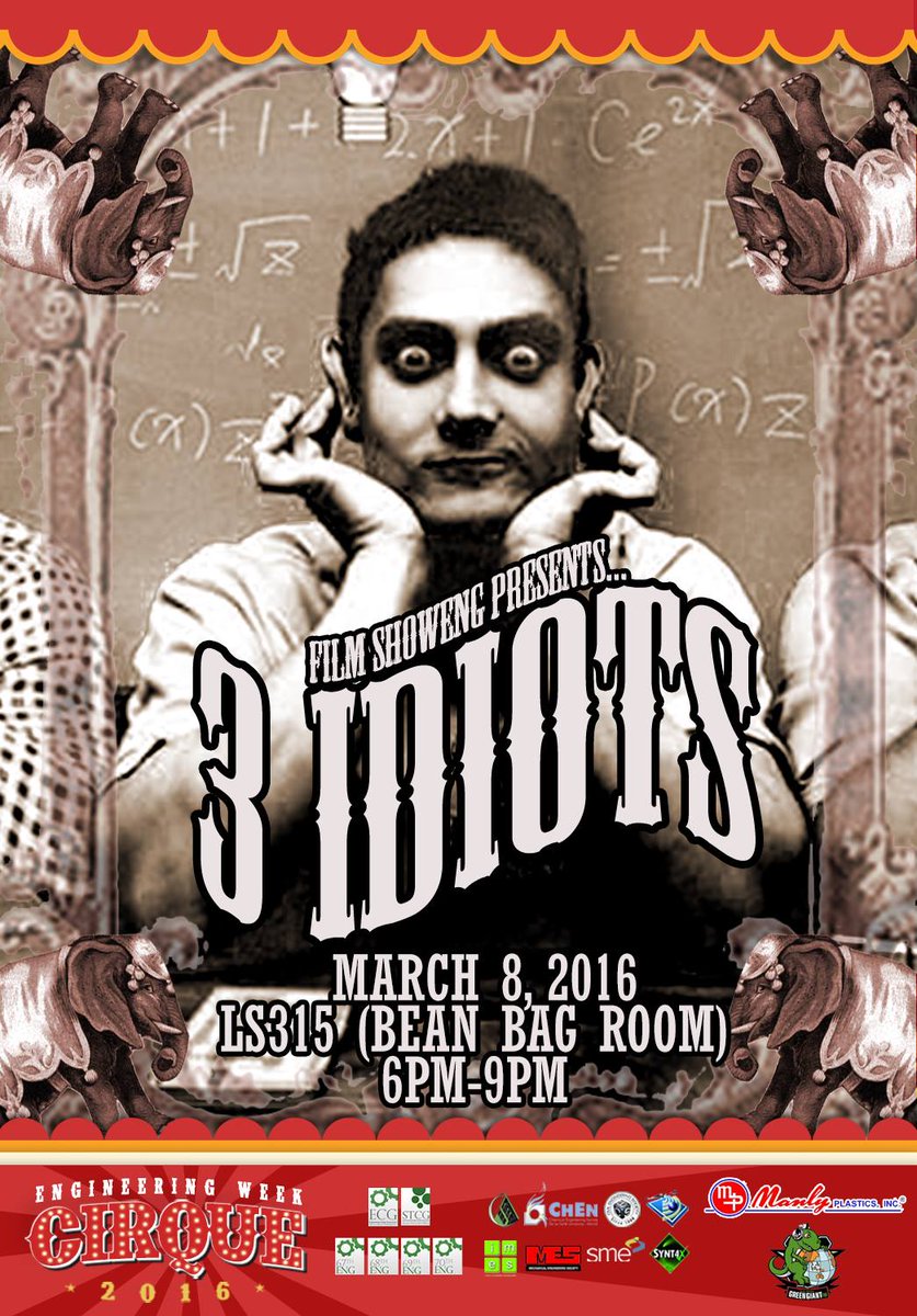 EngWeek2016's tweet photo. #TerrificTuesday: Cirque Cinema presents '3 Idiots'! Join us at L315 (beanbag room) today at 6pm! #CIRQUE2016 https://t.co/d5G8ZZSwPg
