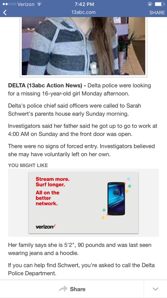 trista_savage's tweet photo. PSA: My cousin, Sarah Schwert, has been missing since last night. If you see her please contact the Delta PD https://t.co/21YKOmgbTN