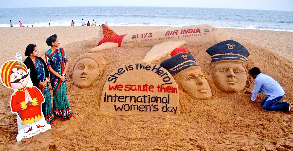 On #WomensDay ,My sand art dedicated to women crew of #AI173 for world's longest All-Women flight for #worldrecord