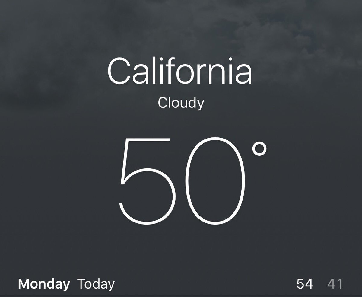 OWCalifornia's tweet photo. CALIFORNIA: where "cold" is anything below 75°. It's 50° out and I'm having frostbite. https://t.co/dkKut9EHxZ
