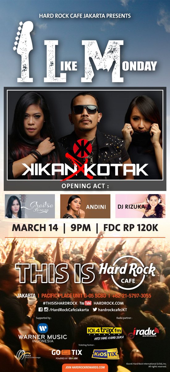 "<a href="/WarnerMusicID/">WarnerMusicID</a>: catat waktunya!
Senin14 Maret 2016 mulai jam 9 malam di@HardRockCafeJKT bersama kikan X kotak #LLRR