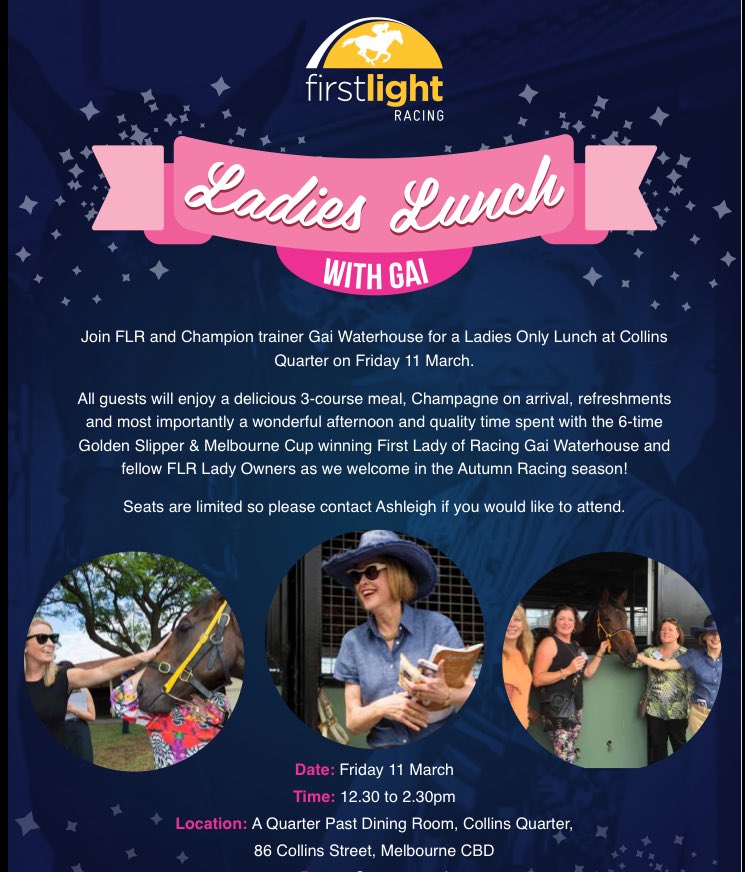 Happy #IntWomensDay to all our Lady owners! Can't wait for our first FLR LADIES LUNCH w @GaiWaterhouse1 this Friday!