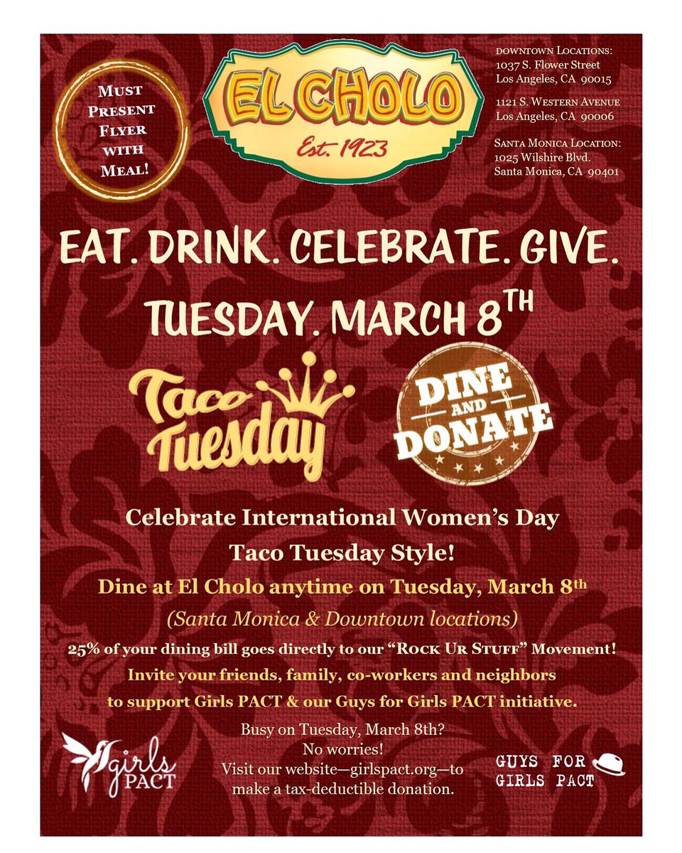 girlspactorg's tweet photo. Tomorrow 25% of your bill at @ElCholoLA will be donated to #GirlsPACT BRING attached flyer! https://t.co/m55SrjtWqV https://t.co/VikvcgPc6f