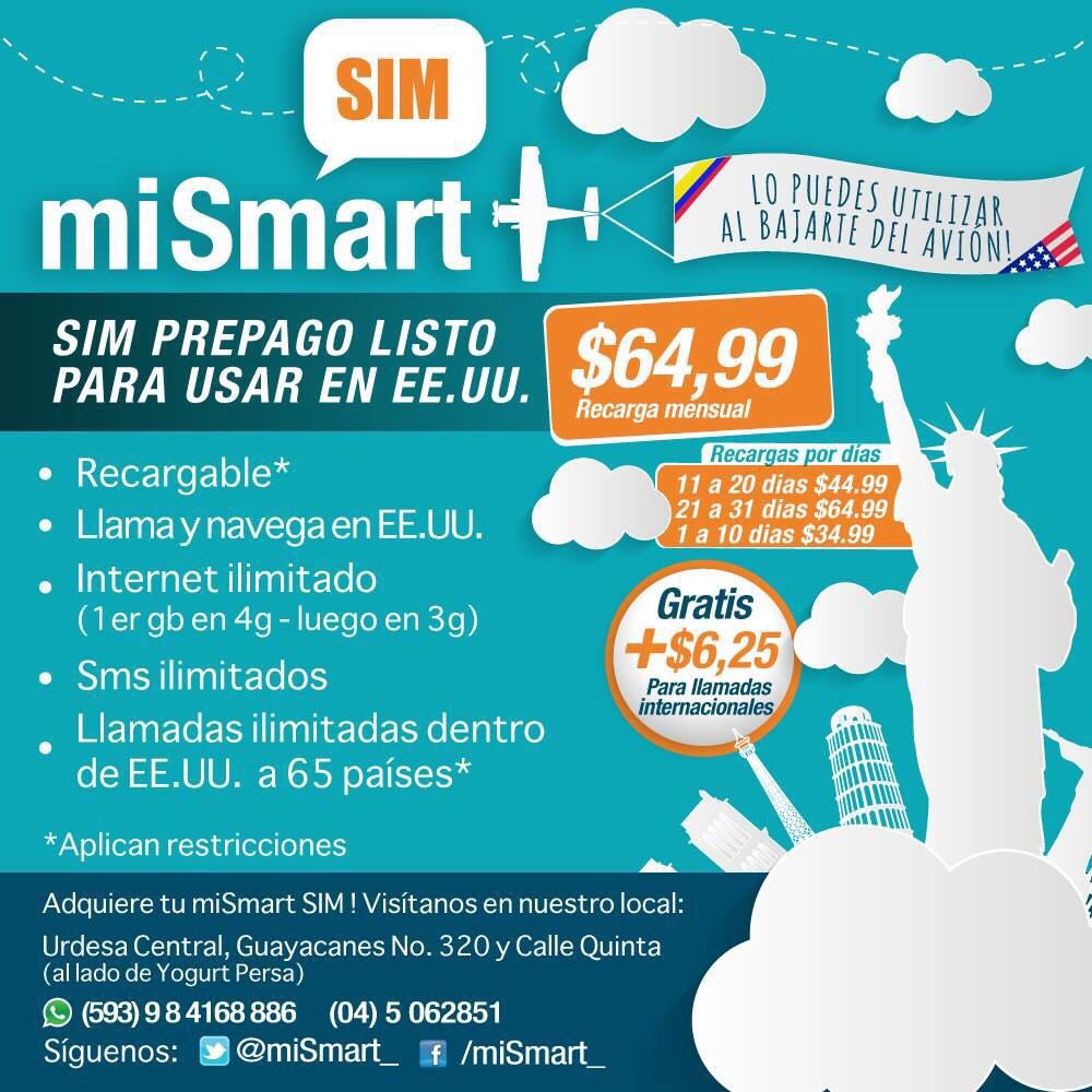 iPhone_Solucion's tweet photo. NO MAS ROAMING 
* llamadas ilimitadas (dentro de eeuu)
* internet ilimitado 
* 22  minutos para llamar a Ecuador https://t.co/DvmdDMjxG0