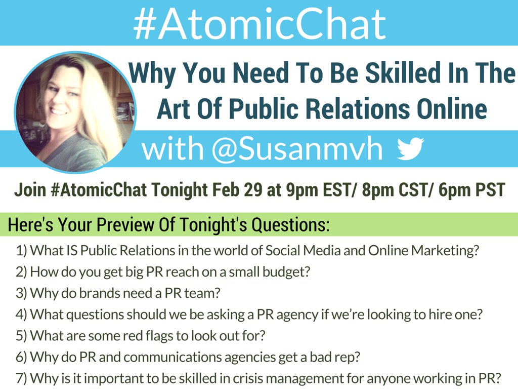 Atomic_Reach's tweet image. If you love talking public relations on #PRprochat we&apos;d love if you could attend tonight&apos;s #AtomicChat w/ @Susanmvh!