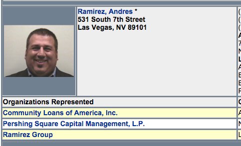 lhfang's tweet photo. Andres Ramirez, Hillary-supporting superdelegate, is a lobbyist in Nevada that reps predatory title loan company CLA https://t.co/ar51SEsMoL
