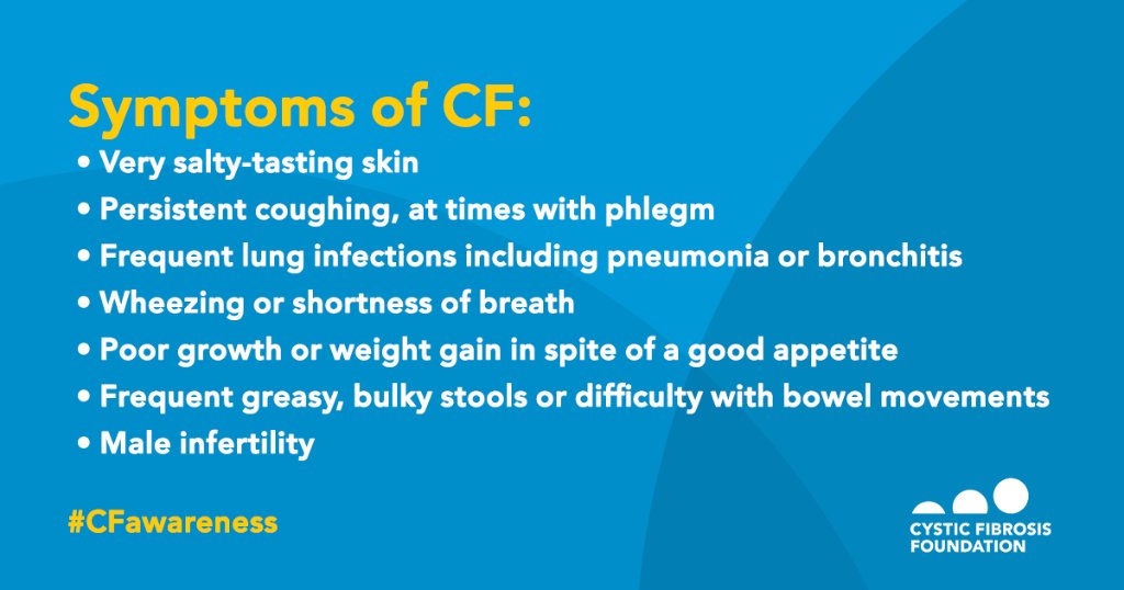 CF_Foundation's tweet photo. Do you know the symptoms of #cysticfibrosis? RT to help us spread the word. #CFawareness #RareDiseaseDay https://t.co/13eZ9fkiy3