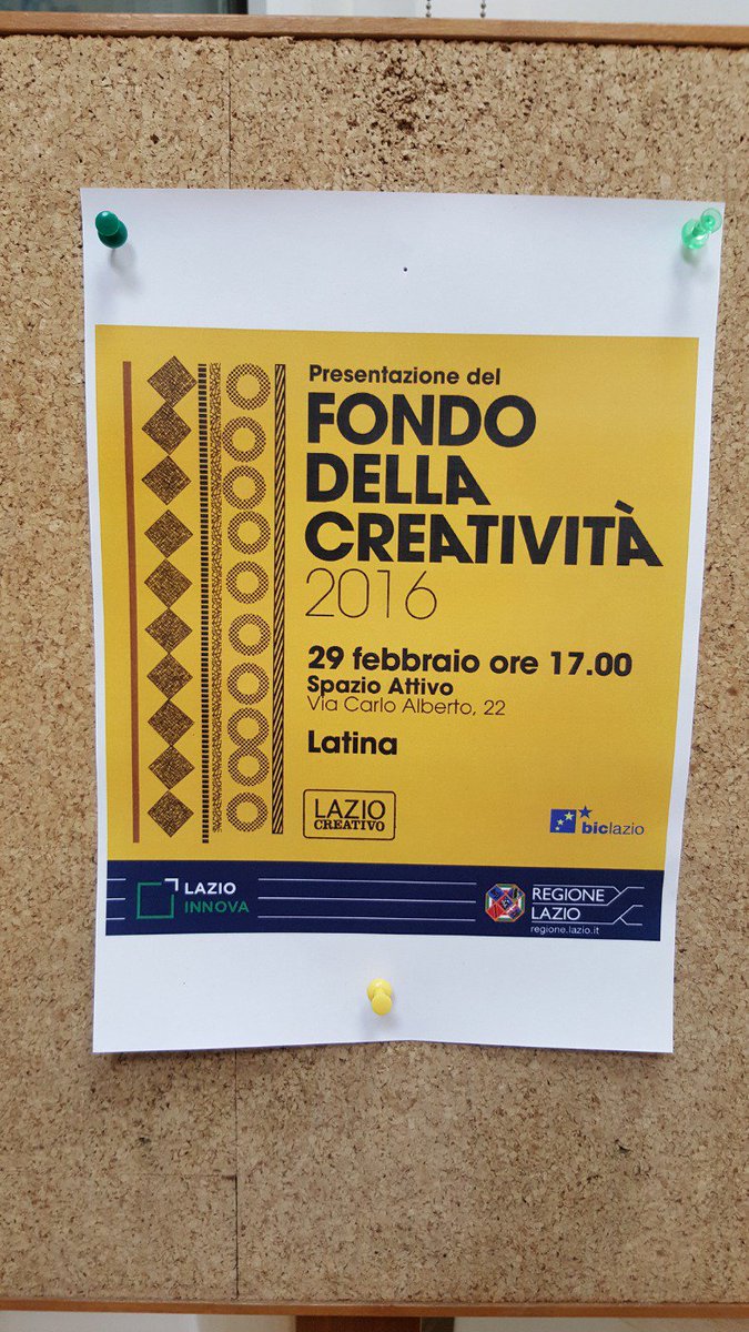 GPManzella's tweet photo. A Latina per Fondo Creatività 2016. 1.2 mln € per progetti creativi con grants di 30k. Domande sino al 31 marzo. https://t.co/6YDsuYa0qI