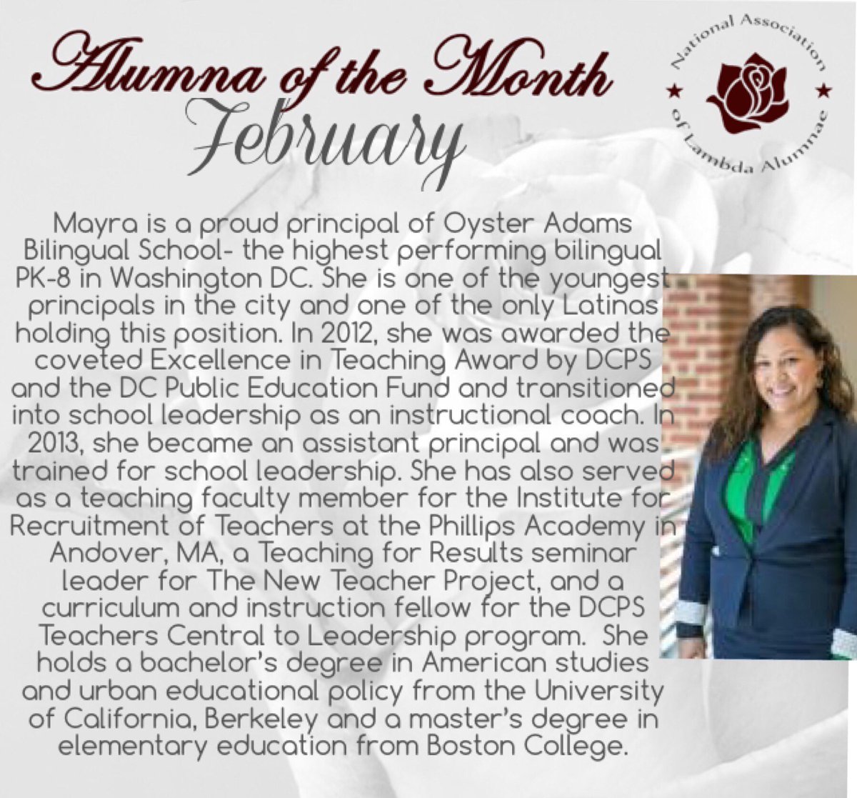NALA_1986's tweet photo. NALA’s February Alumna of the Month:  Mayra “Girasol” Canizales  #lambdathetanu #NALA2016  #alumnaofthemonth https://t.co/hoCypWqkoS