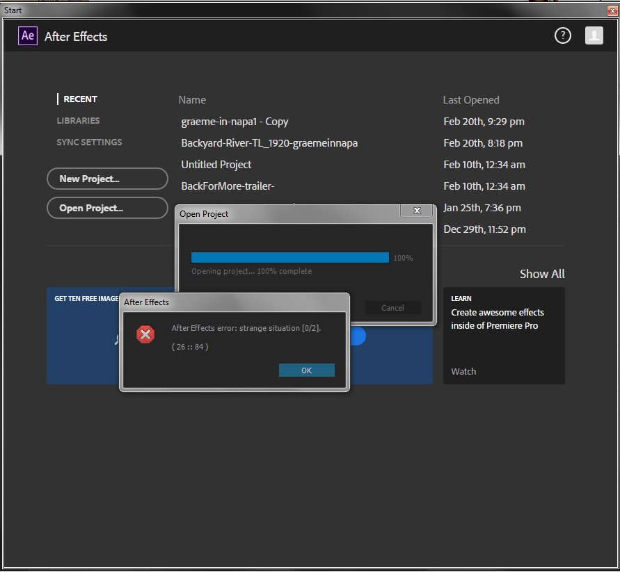 pbmediacreates's tweet image. Here's a nice @AdobeAE error, "strange situation". Indeed... #adobefail @Southern_Expat