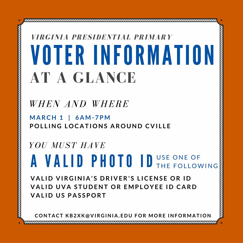 legaffairsuva's tweet photo. Tomorrow is the Virginia Presidential Primary! Make sure you have a plan and go vote! #UVaVotes https://t.co/nKp5ocrvMx