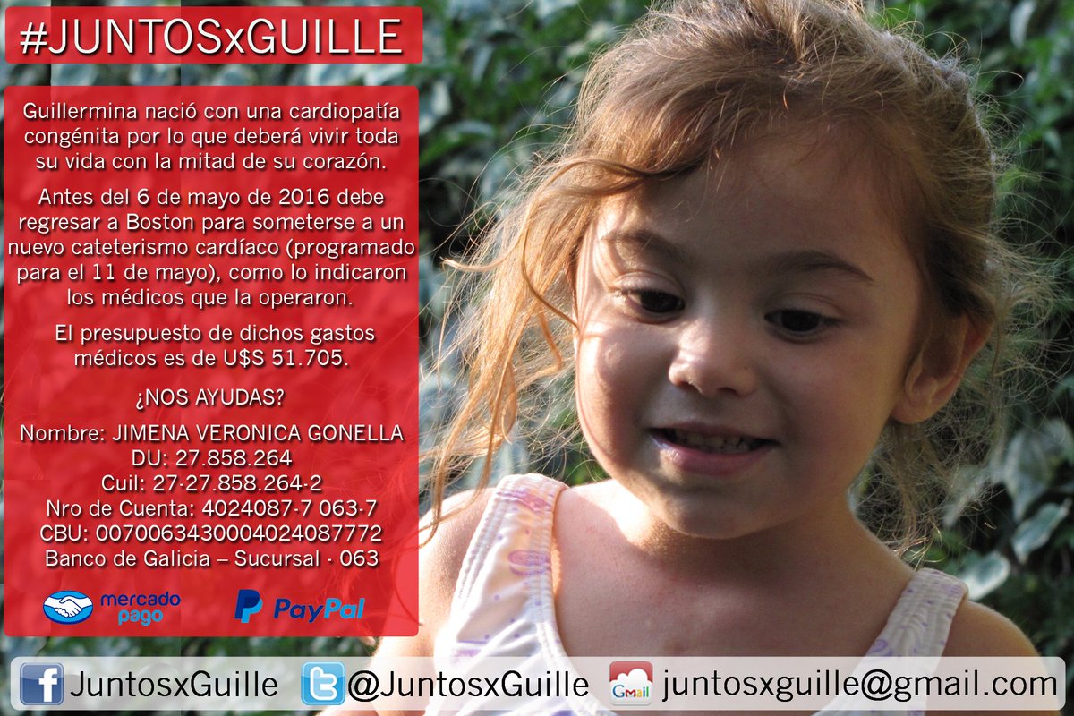 Guille debe seguir su tratamiento en Boston! Necesitamos reunir 50mil U$S antes del 15 de abril  #juntosxguille