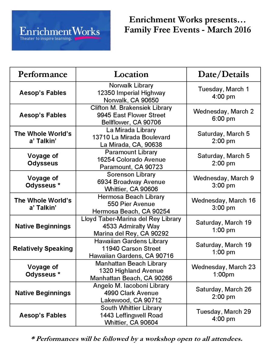 EnrichmentWorks's tweet photo. Happy Leap Day! March is upon us, and is absolutely full of free family performances… check out our calendar and pl… https://t.co/xut0cS1qhM