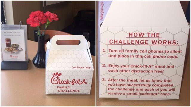 GAFollowers's tweet photo. Chick-Fil-A has started a family challenge at some locations where families put their phones in a coop while eating. https://t.co/s0fzNf72Rr
