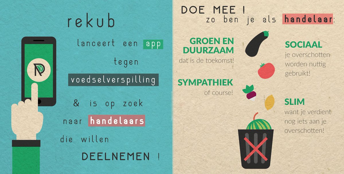 letsrekub's tweet photo. #rekub lanceert binnenkort een APP tegen voedselverspilling en is op zoek nr handelaars! #foodwaste #sharingiscaring https://t.co/OW39Zw9H0Z