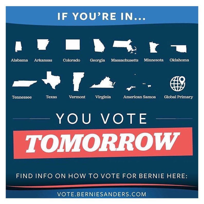 NewWavePolitics's tweet photo. If your state votes tomorrow, get out and vote! Bring anyone you know out to vote! #SuperMonday #SuperTuesday https://t.co/59UBRgroMp