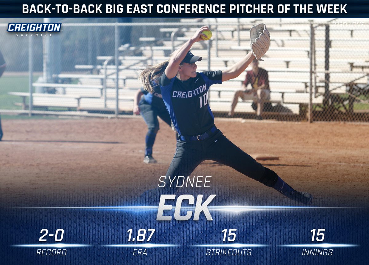 gocreighton's tweet photo. Congrats to @BluejaySoftball's Sydnee Eck on being named #BIGEASTSB Pitcher of the Week for a second-straight week! https://t.co/3l0EjiWLwX