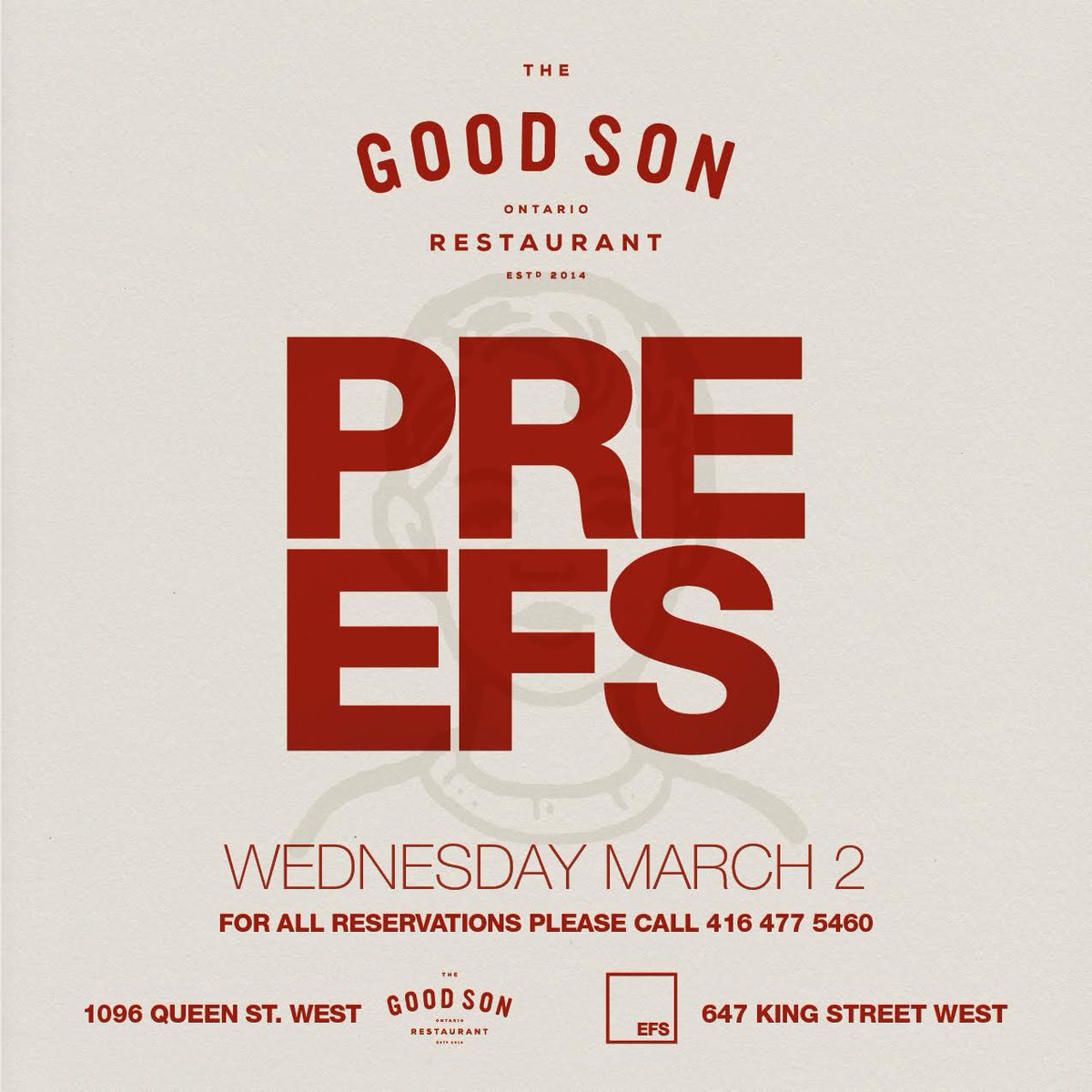 This Wednesday! We're taking reservations at The Good Son Restaurant for the latest #PREEFS.