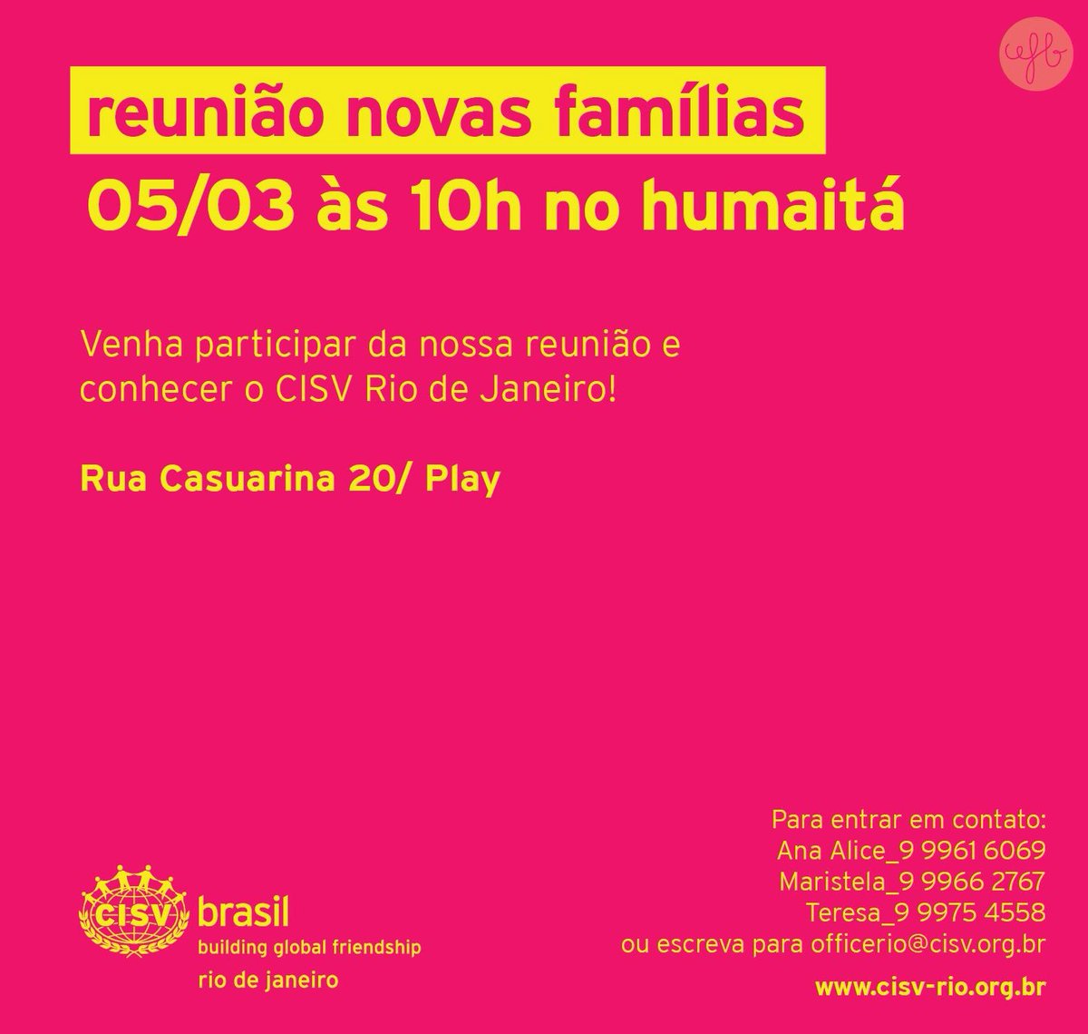 cisvrio's tweet photo. A Reunião de Novas Famílias do #CISVRio será neste sábado https://t.co/HsH46nBprx