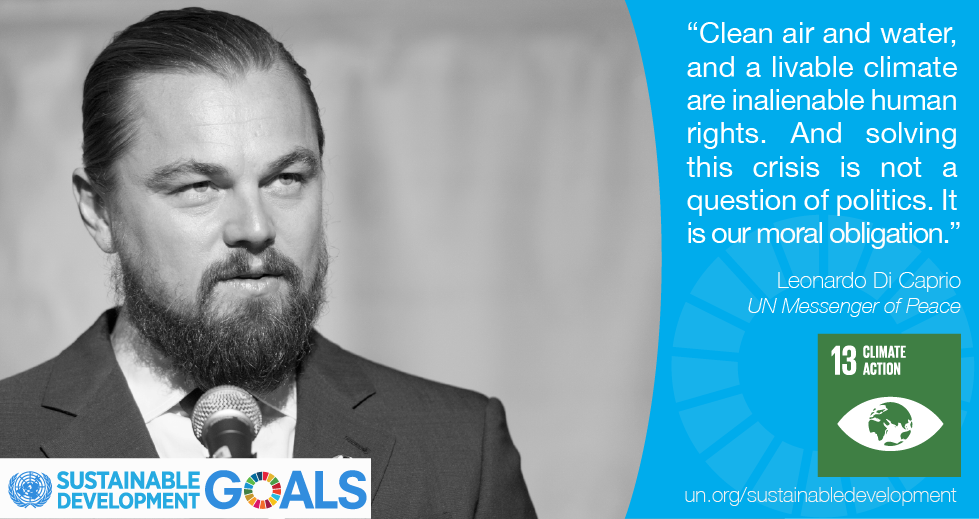 GlobalGoalsUN's tweet photo. Join @UN Msgr of Peace @LeoDiCaprio in calling for urgent climate action! https://t.co/t1fJXNruN7 #ParisAgreement https://t.co/o9zwBhxtOj