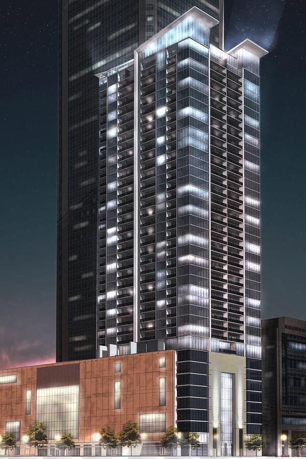 The apartment tower above the Mint will be named "Museum Tower." 43 floors, 394 units, topping out March 11th.